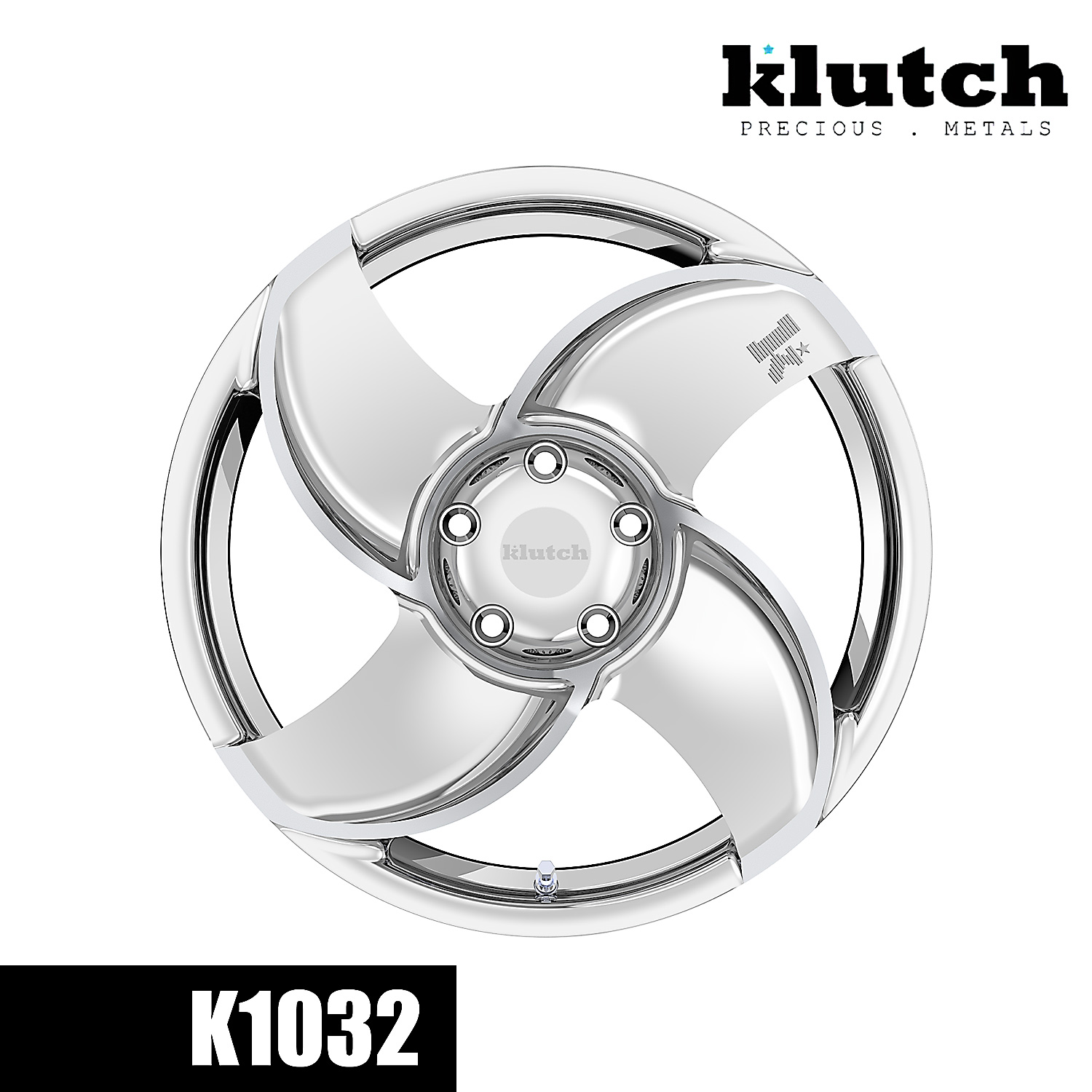 Front view of the polished Klutch K1032 directional four-spoke forged wheel