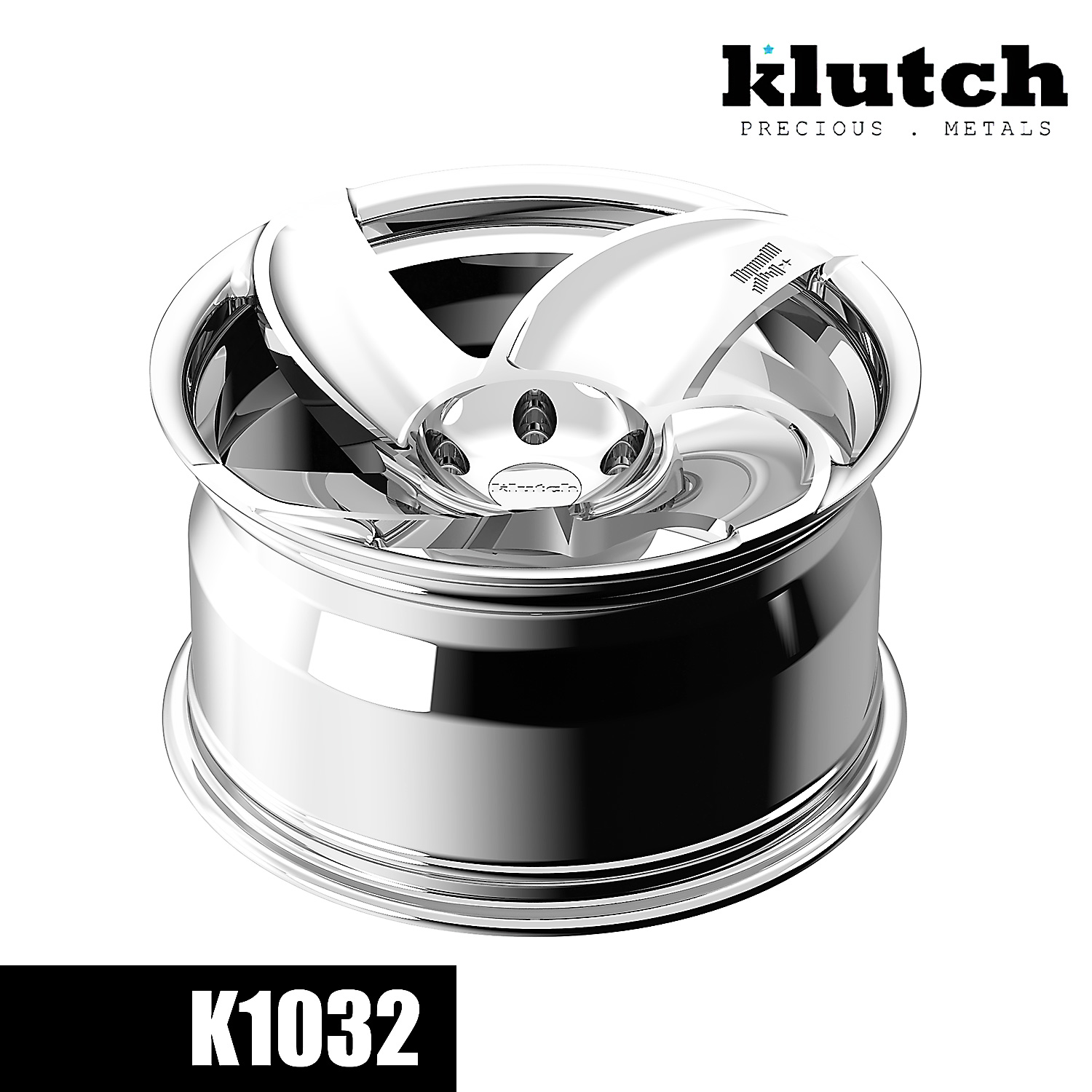 Low-angle view of the polished Klutch K1032 wheel and its sculpted spokes