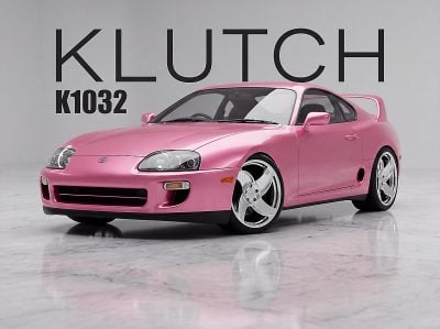 Concept visualization of a pink Toyota Supra A80 with polished Klutch K1032 wheels