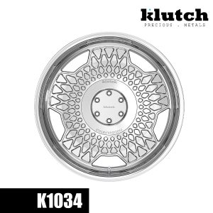 Front view of the fully polished Klutch K1034 forged wheel showing its geometric five-spoke design