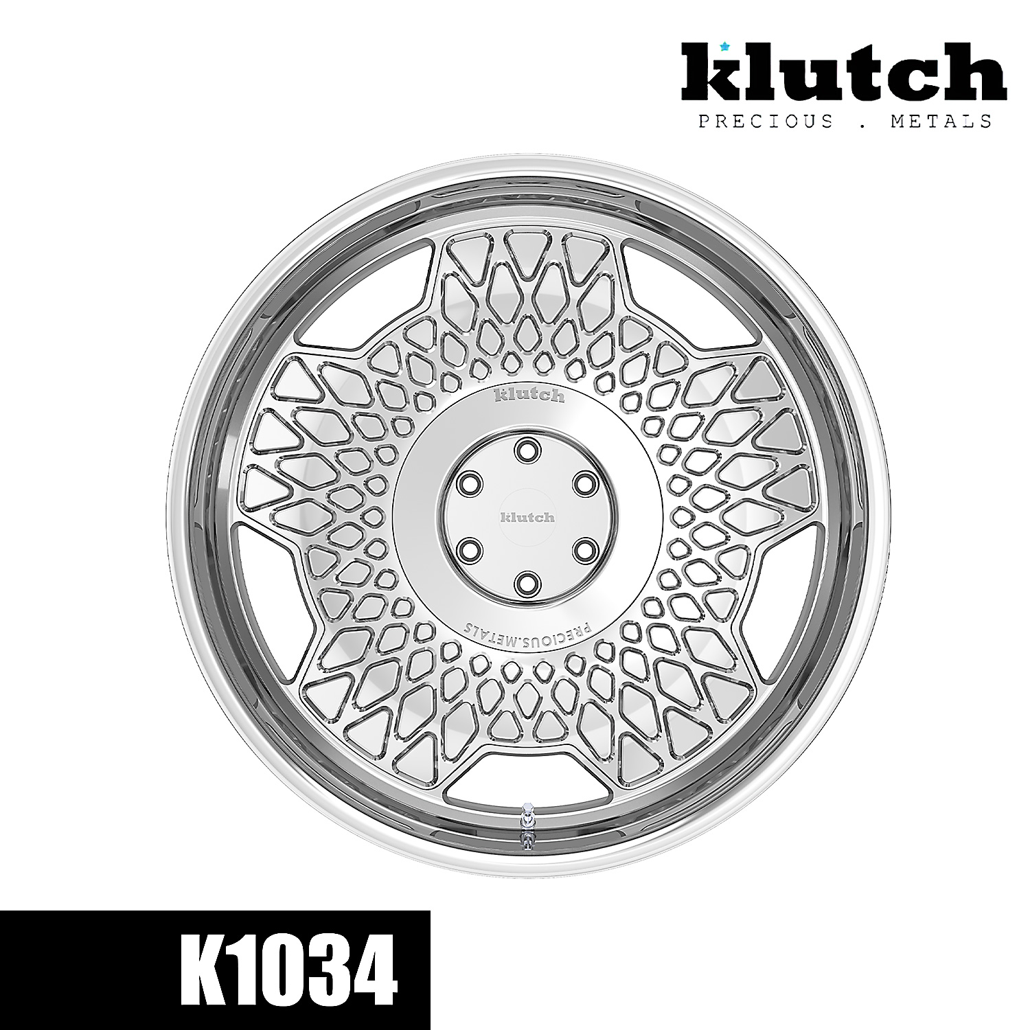 Front view of the fully polished Klutch K1034 forged wheel showing its geometric five-spoke design