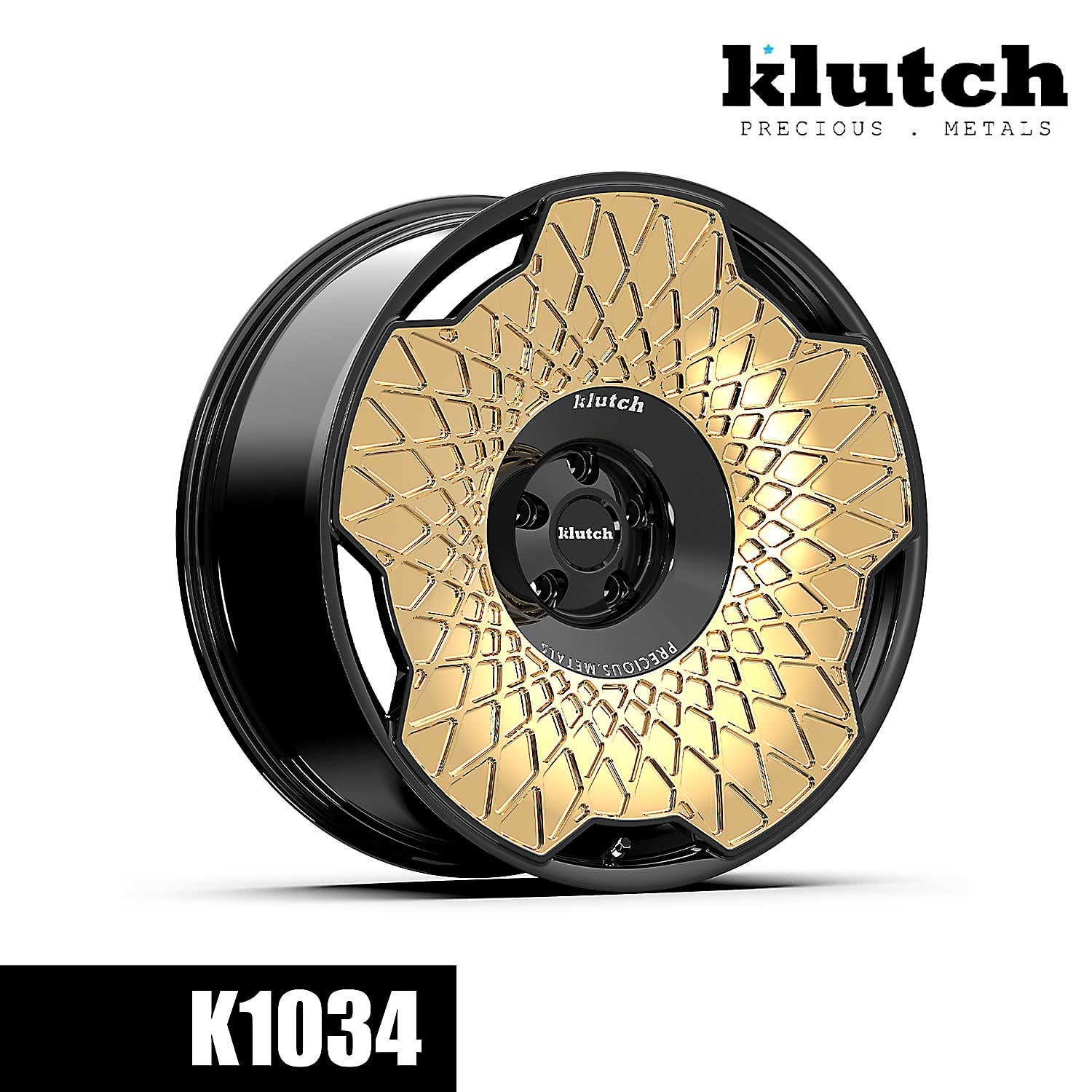 Three-quarter view of the Klutch K1034 forged wheel with a gold geometric face and black center and barrel