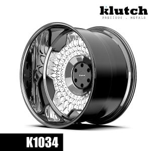 Side-angle rendering of the Klutch K1034 forged wheel with a polished face and black barrel showing wheel depth