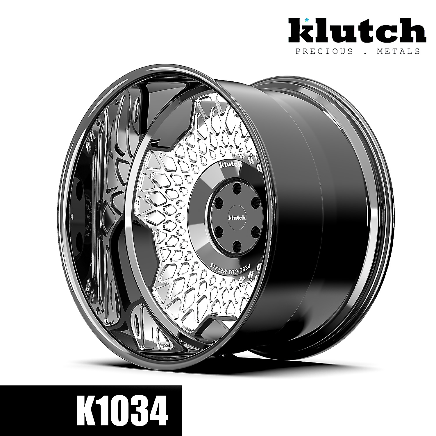 Side-angle rendering of the Klutch K1034 forged wheel with a polished face and black barrel showing wheel depth