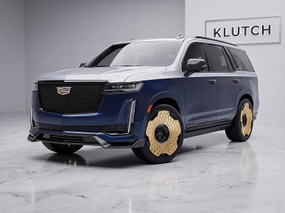 AI concept visualization of a blue and silver Cadillac Escalade with gold Klutch K1034 wheels