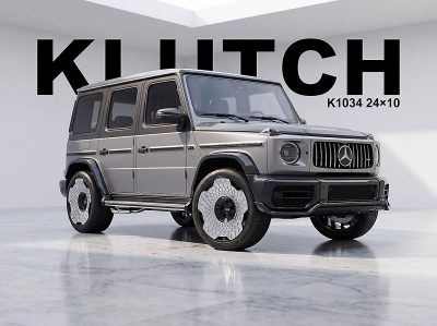 AI concept visualization of a silver Mercedes-AMG G-Class with polished-face Klutch K1034 wheels