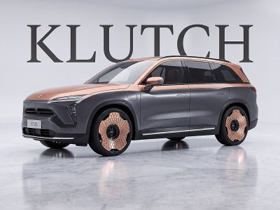 AI concept visualization of a gray and rose-gold NIO ES8 with rose-gold Klutch K1034 wheels