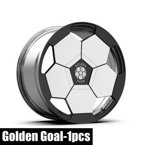 Three-quarter rendering of the Klutch Golden Goal one-piece forged wheel with a black and white geometric face
