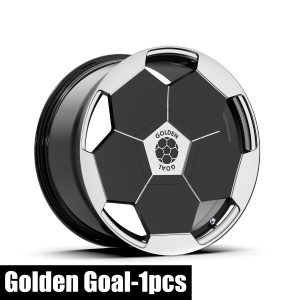 Angled rendering of the Klutch Golden Goal one-piece forged wheel with a black face and polished accents