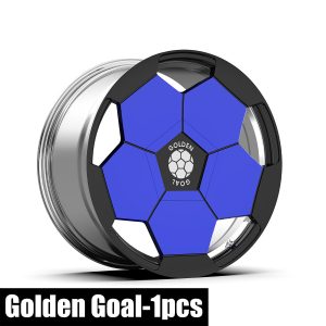 Angled rendering of the Klutch Golden Goal one-piece forged wheel with blue geometric surfaces and black accents