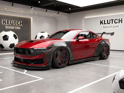 AI-generated visualization of a red Ford Mustang with black and red Golden Goal wheels in a soccer-themed showroom