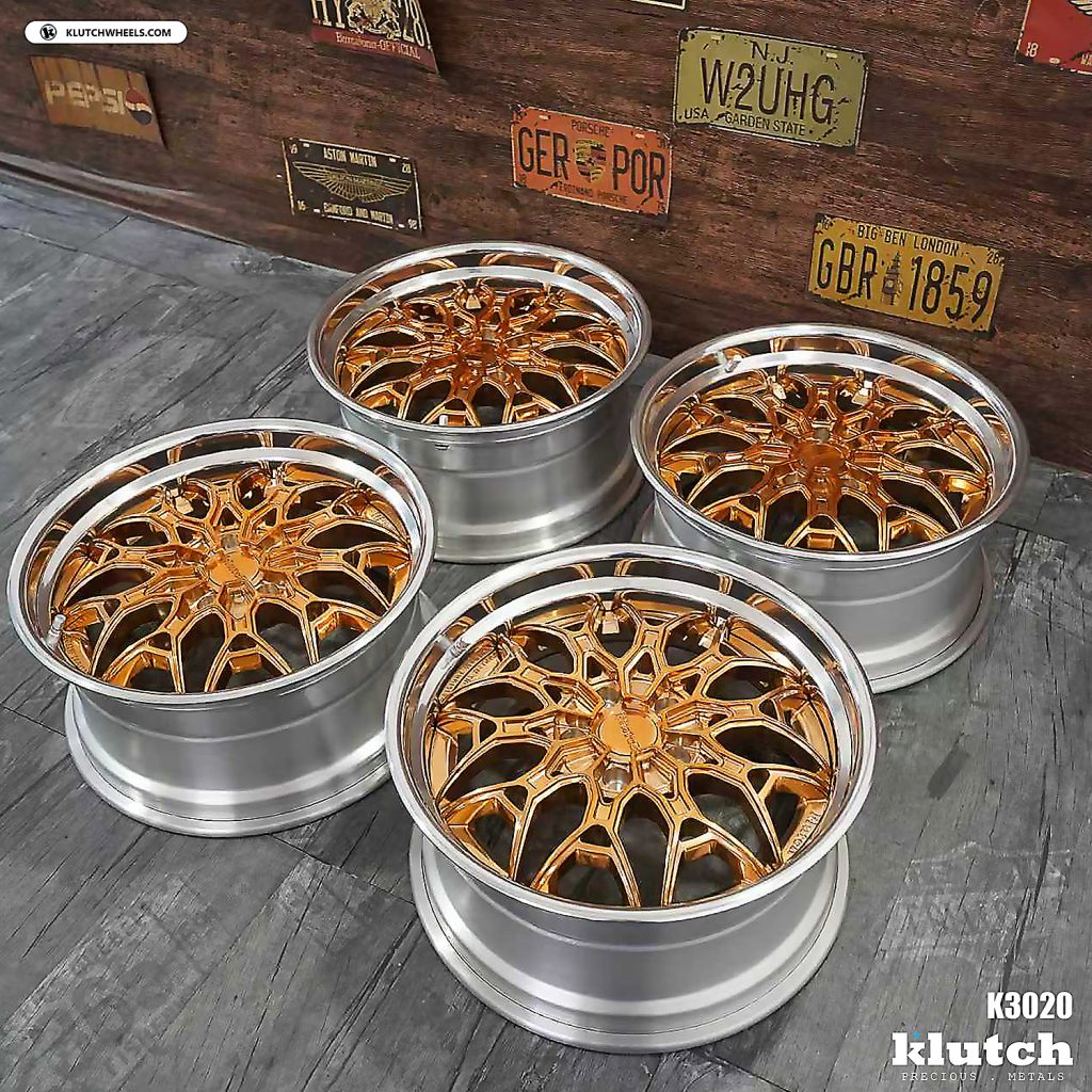 Four Klutch K3020 wheels with copper-toned faces and polished lips, viewed from an angle