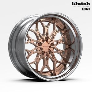Three-quarter rendering of the Klutch K3020 three-piece wheel with branching geometric spokes and a deep lip