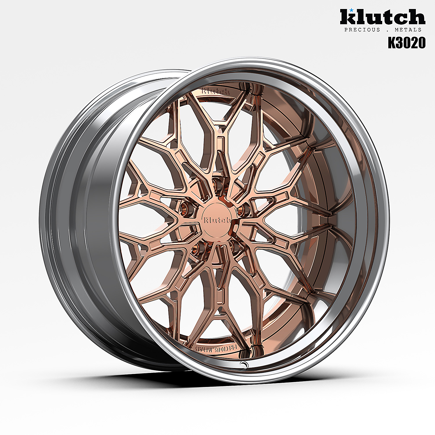 Three-quarter rendering of the Klutch K3020 three-piece wheel with branching geometric spokes and a deep lip
