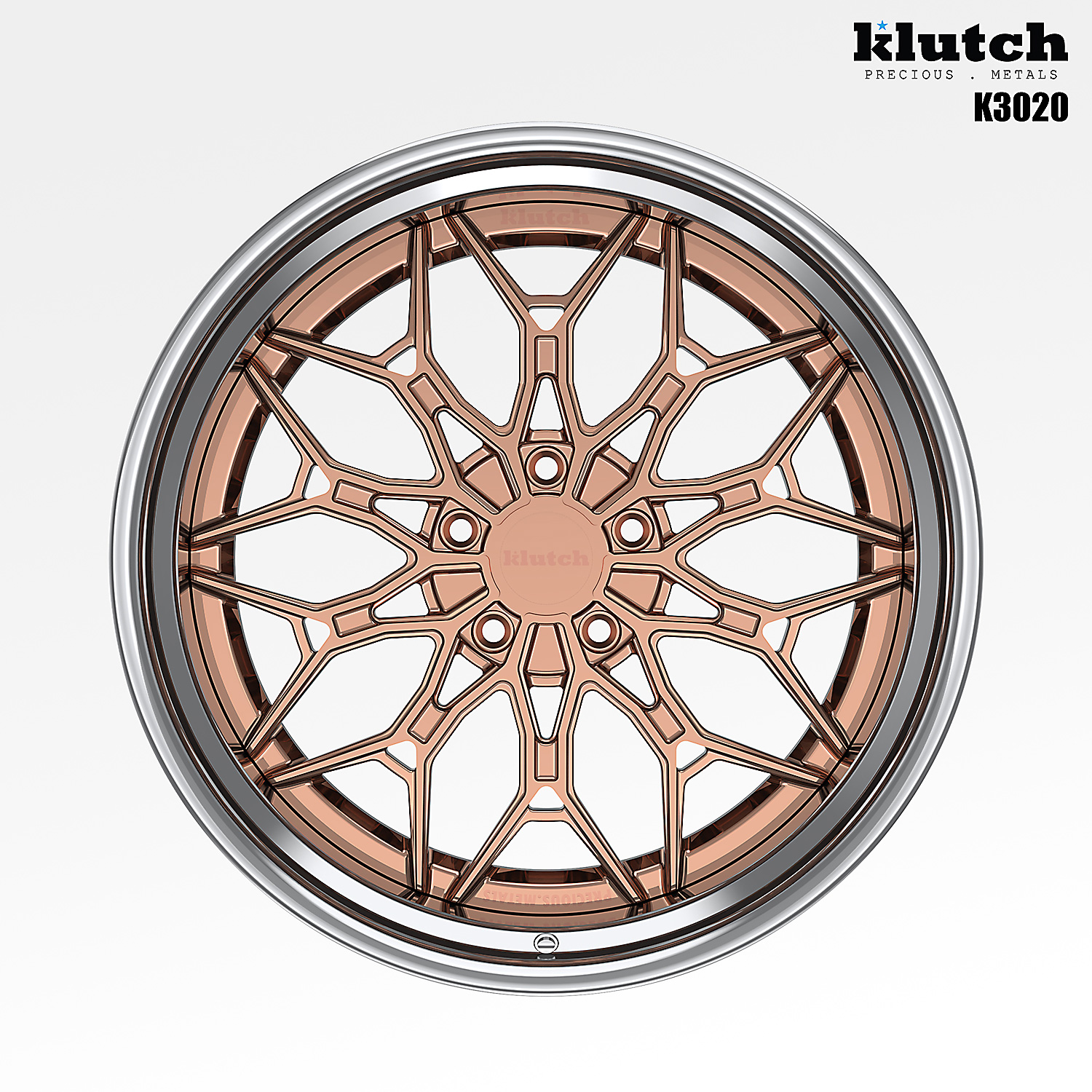 Front rendering of the Klutch K3020 showing its symmetrical geometric spoke pattern