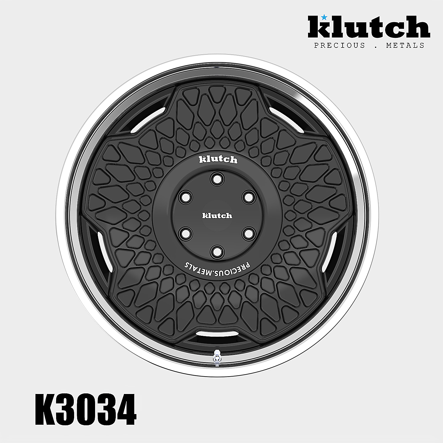 polished-lip-wheel-front.jpg Front rendering of the Klutch K3034 three-piece wheel with a black geometric face and polished outer lip