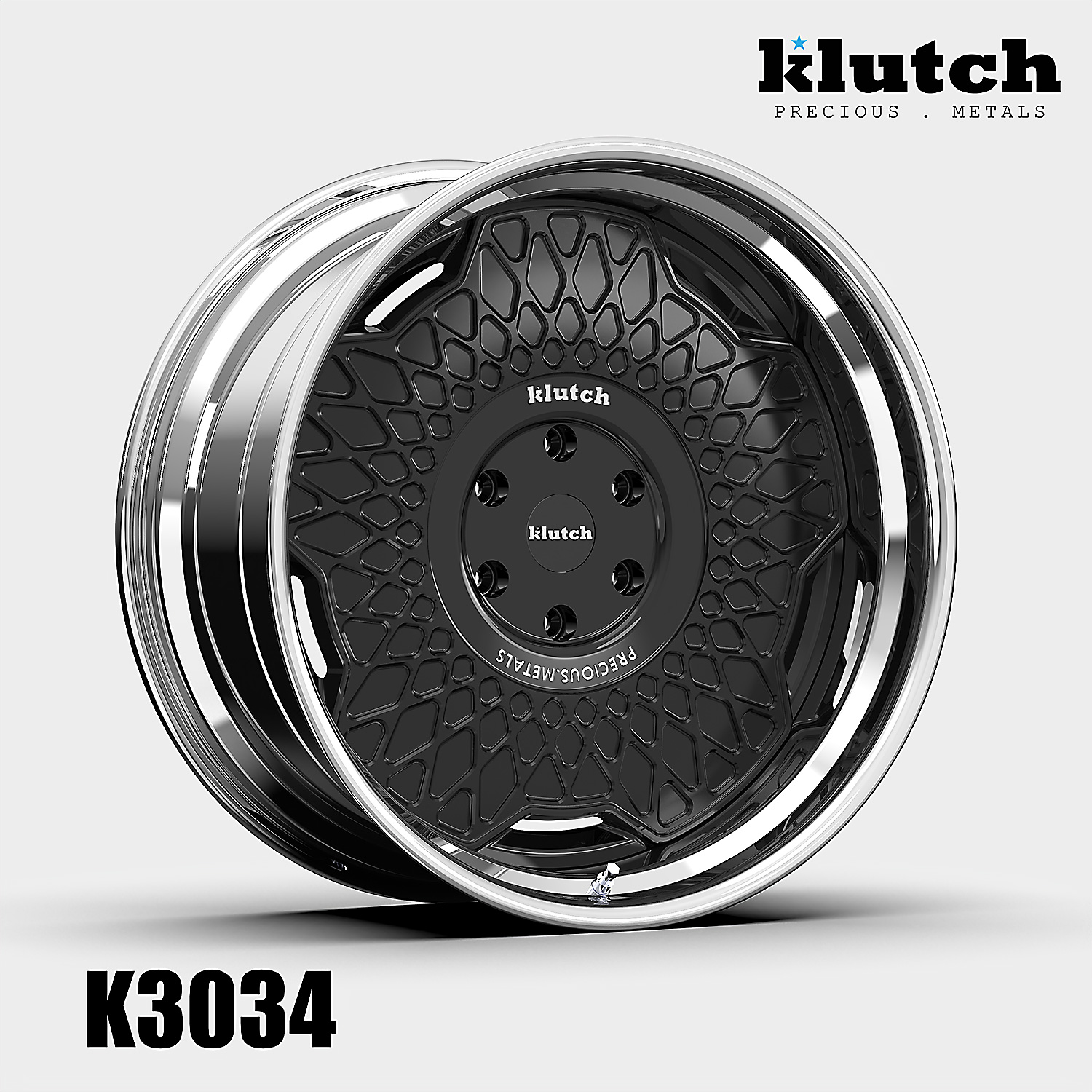 Three-quarter rendering of the Klutch K3034 wheel showing its geometric five-spoke face and polished outer lip