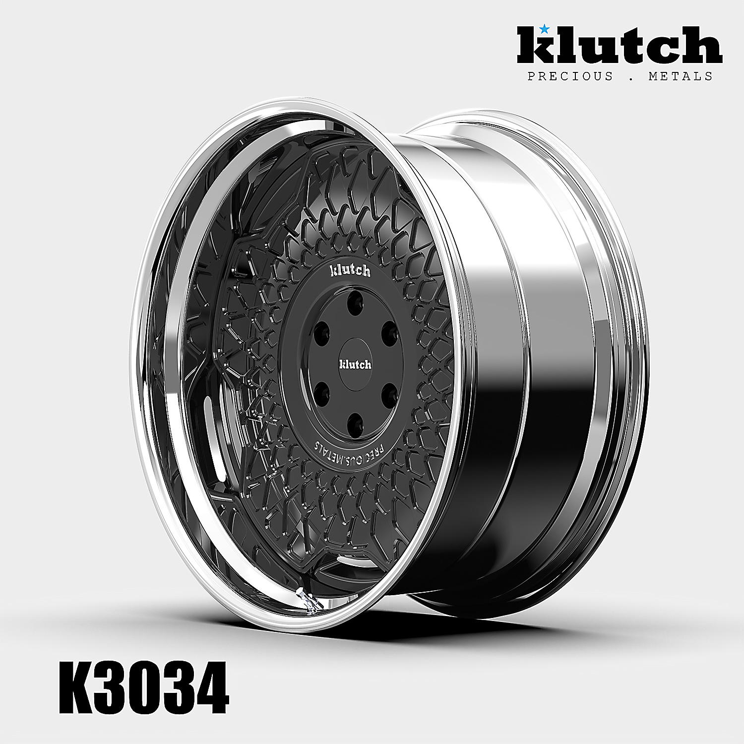 Side-angle rendering of the Klutch K3034 three-piece wheel showing face depth and barrel