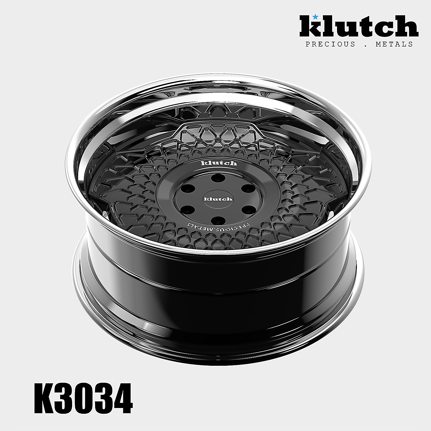 Low-angle rendering of the Klutch K3034 wheel showing the recessed geometric face and outer lip